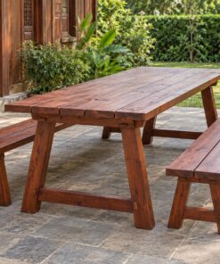 Bộ Bàn Ghế Sân Vườn BG26 - Bàn Dài Hai Ghế Băng Chân Chữ A, Gỗ Thông