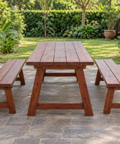 Bộ Bàn Ghế Sân Vườn BG26 - Bàn Dài Hai Ghế Băng Chân Chữ A, Gỗ Thông