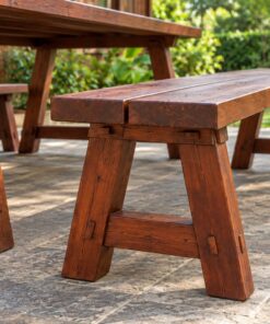Bộ Bàn Ghế Sân Vườn BG26 - Bàn Dài Hai Ghế Băng Chân Chữ A, Gỗ Thông