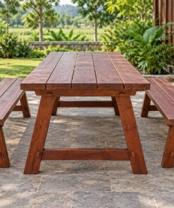 Bộ Bàn Ghế Sân Vườn BG26 - Bàn Dài Hai Ghế Băng Chân Chữ A, Gỗ Thông