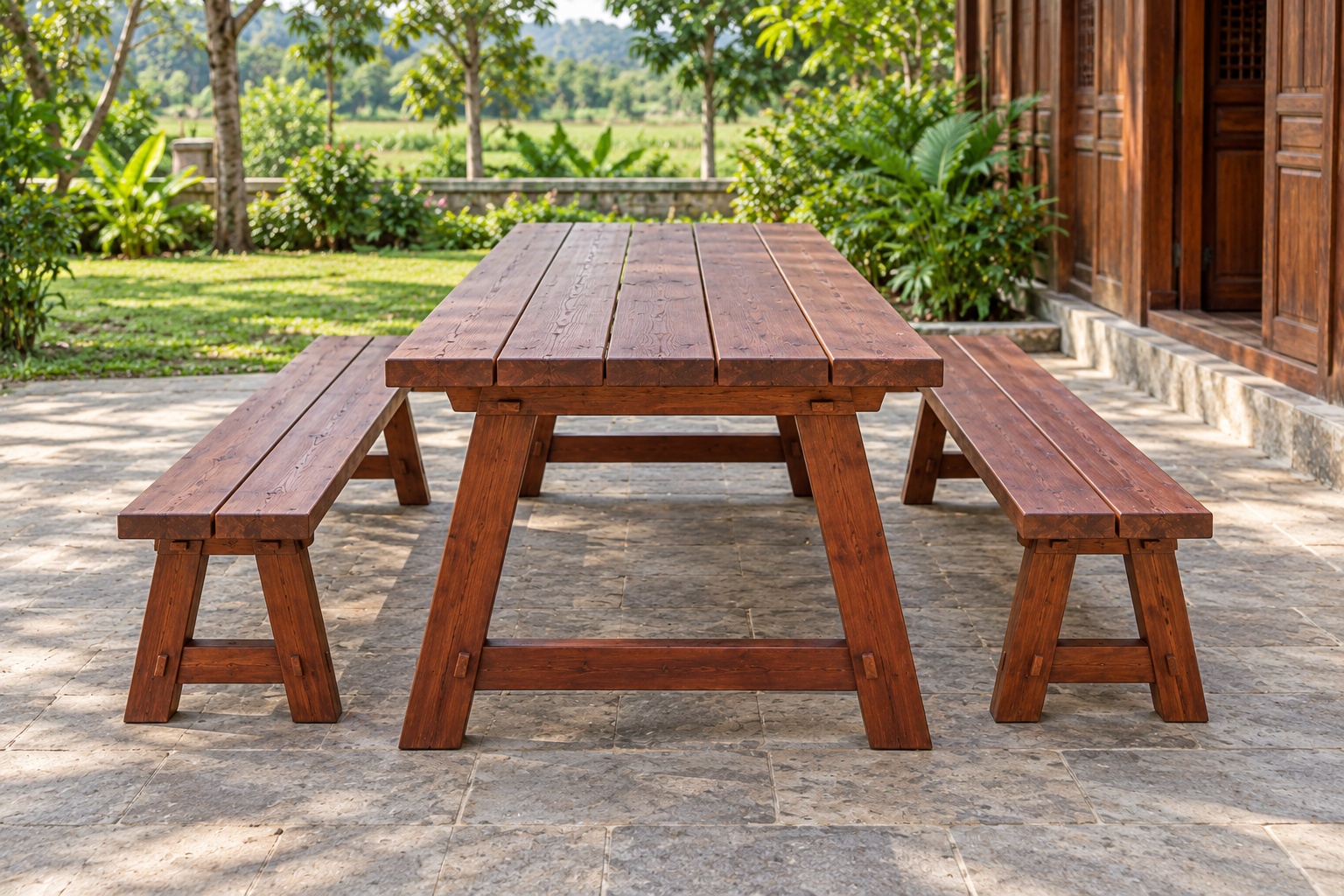 Bộ Bàn Ghế Sân Vườn BG26 - Bàn Dài Hai Ghế Băng Chân Chữ A, Gỗ Thông Bộ Bàn Ghế Sân Vườn BG26 - Bàn Dài Hai Ghế Băng Chân Chữ A, Gỗ Thông