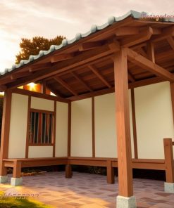Chòi Gỗ Nhật Bản T24 - Vách Trát Trắng Ghế Băng Chữ L, Gỗ Thông