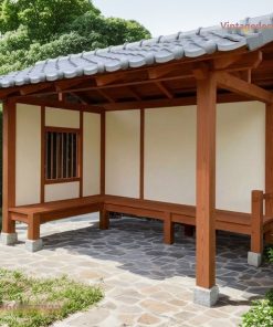 Chòi Gỗ Nhật Bản T24 - Vách Trát Trắng Ghế Băng Chữ L, Gỗ Thông