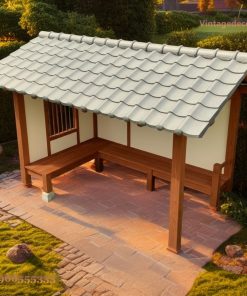 Chòi Gỗ Nhật Bản T24 - Vách Trát Trắng Ghế Băng Chữ L, Gỗ Thông