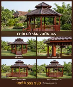 Chòi Gỗ Sân Vườn T65 - Lục Giác Hai Tầng Mái Cầu Gỗ Nhỏ, Gỗ Thông