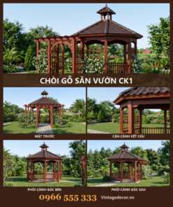 Chòi Gỗ Sân Vườn CK1 - Bát Giác Nối Giàn Hoa Mái Ngói Nhựa, Gỗ Thông