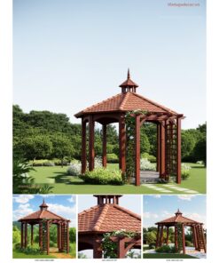 Chòi Gỗ Sân Vườn CK1 - Lục Giác Mái Ngói Chóp Nhọn Nối Giàn Hoa, Gỗ Thông