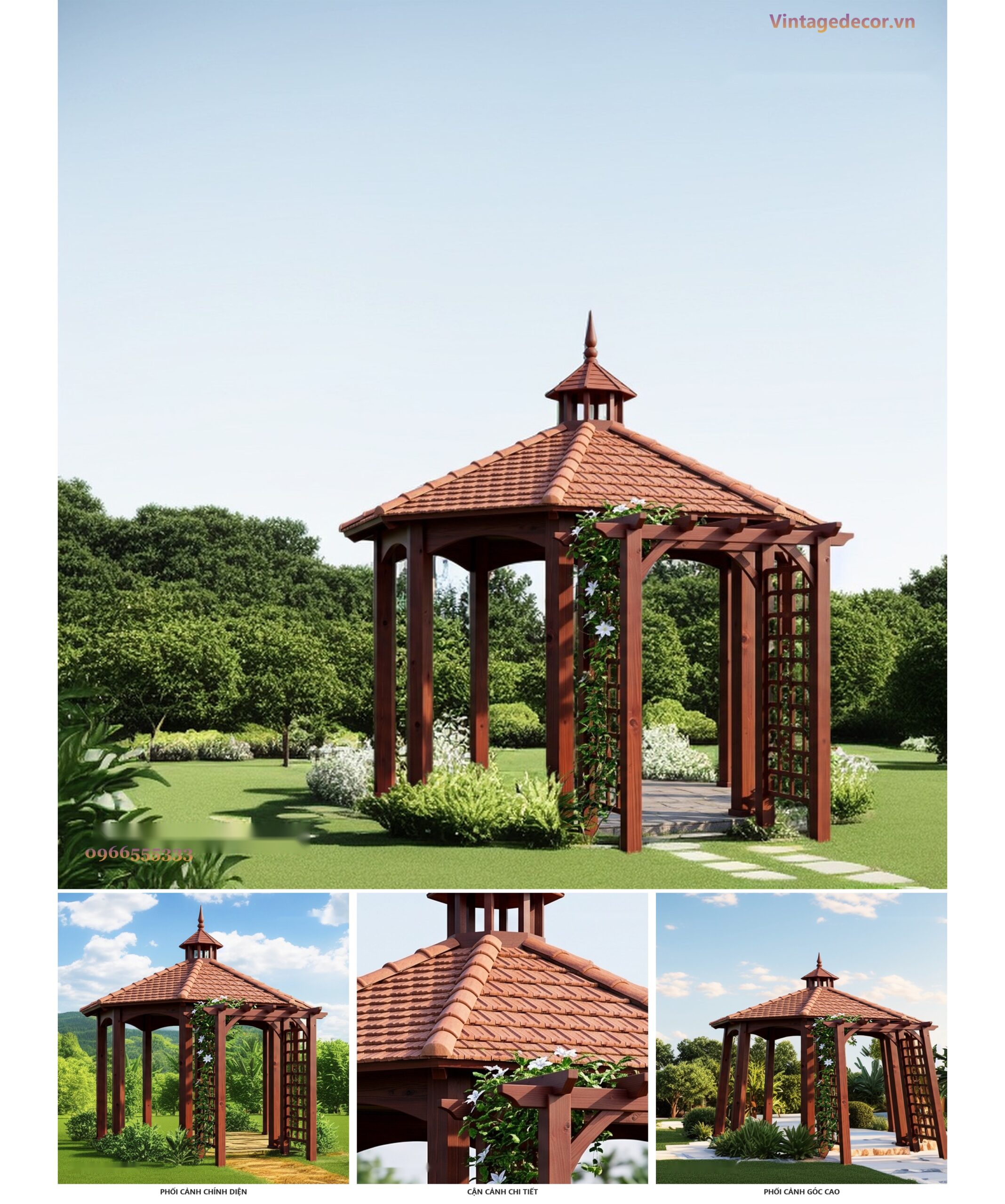 Chòi Gỗ Sân Vườn CK1 - Lục Giác Mái Ngói Chóp Nhọn Nối Giàn Hoa, Gỗ Thông Chòi Gỗ Sân Vườn CK1 - Lục Giác Mái Ngói Chóp Nhọn Nối Giàn Hoa, Gỗ Thông