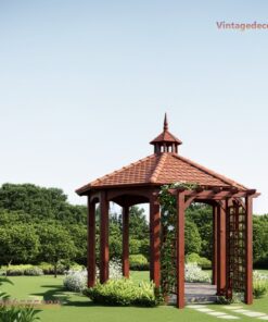 Chòi Gỗ Sân Vườn CK1 - Lục Giác Mái Ngói Chóp Nhọn Nối Giàn Hoa, Gỗ Thông