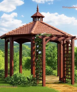 Chòi Gỗ Sân Vườn CK1 - Lục Giác Mái Ngói Chóp Nhọn Nối Giàn Hoa, Gỗ Thông