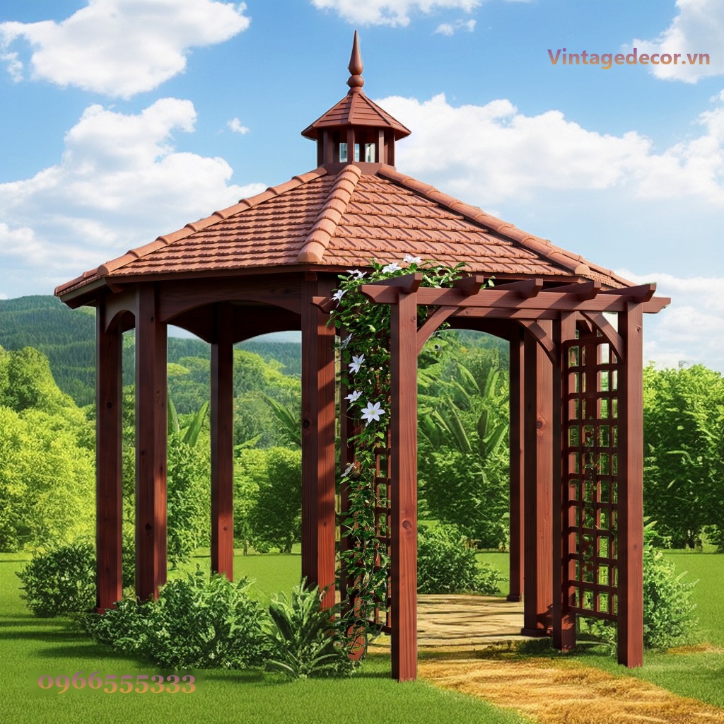 Chòi Gỗ Sân Vườn CK1 - Lục Giác Mái Ngói Chóp Nhọn Nối Giàn Hoa, Gỗ Thông Chòi Gỗ Sân Vườn CK1 - Lục Giác Mái Ngói Chóp Nhọn Nối Giàn Hoa, Gỗ Thông