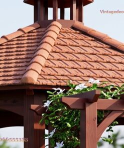 Chòi Gỗ Sân Vườn CK1 - Lục Giác Mái Ngói Chóp Nhọn Nối Giàn Hoa, Gỗ Thông