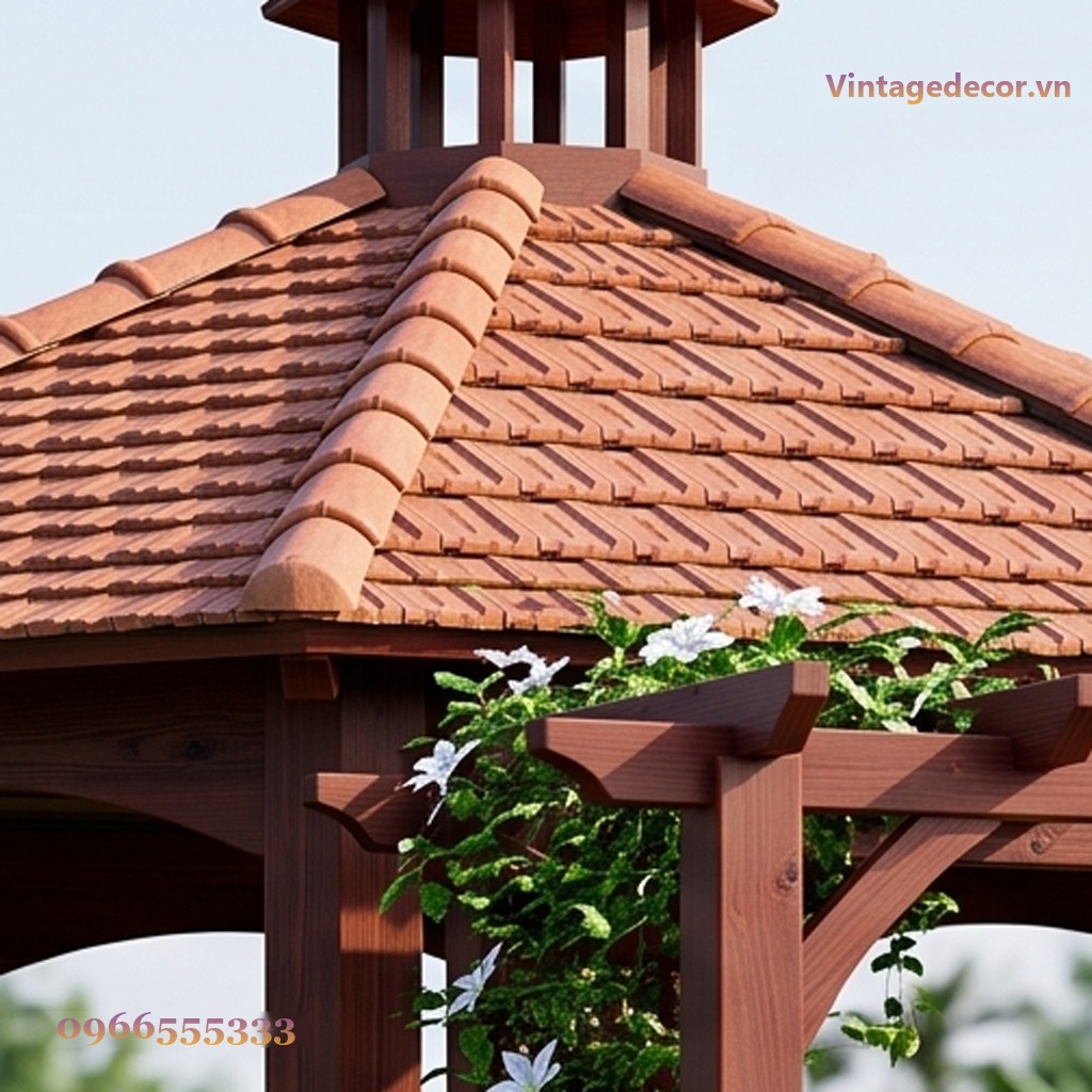 Chòi Gỗ Sân Vườn CK1 - Lục Giác Mái Ngói Chóp Nhọn Nối Giàn Hoa, Gỗ Thông Chòi Gỗ Sân Vườn CK1 - Lục Giác Mái Ngói Chóp Nhọn Nối Giàn Hoa, Gỗ Thông