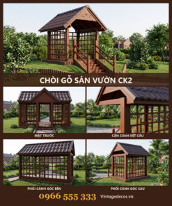 Chòi Gỗ Sân Vườn CK2 - Mái Đầu Hồi Vách Lưới Bậc Thang Gỗ, Gỗ Thông