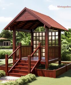 Chòi Gỗ Sân Vườn CK2 - Mái Ngói Hai Dốc Sàn Nâng Bậc Thang, Gỗ Thông