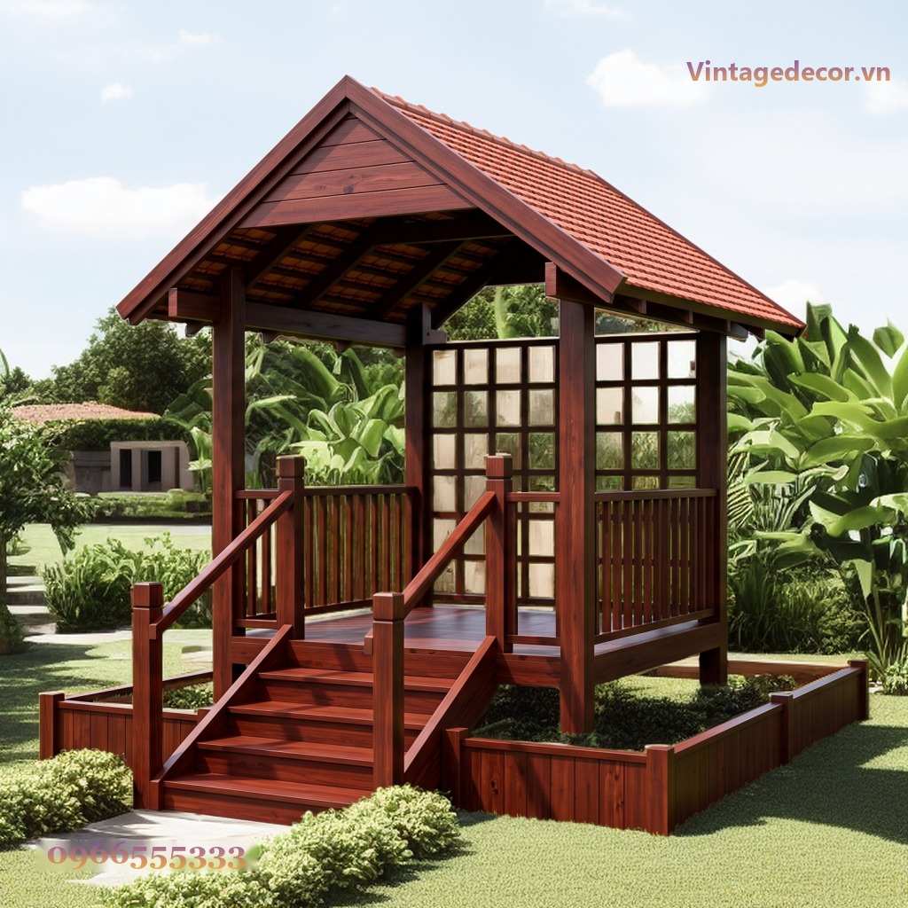 Chòi Gỗ Sân Vườn CK2 - Mái Ngói Hai Dốc Sàn Nâng Bậc Thang, Gỗ Thông Chòi Gỗ Sân Vườn CK2 - Mái Ngói Hai Dốc Sàn Nâng Bậc Thang, Gỗ Thông