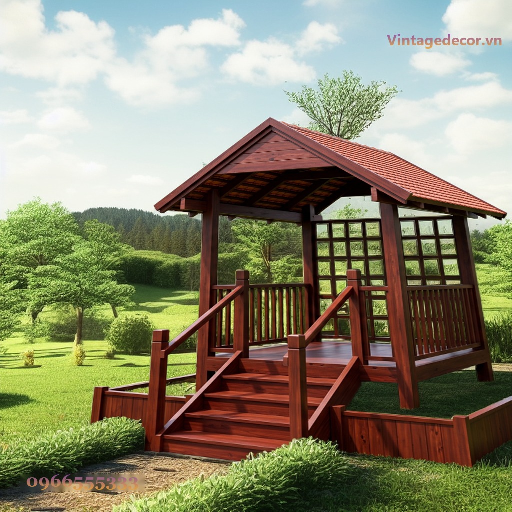 Chòi Gỗ Sân Vườn CK2 - Mái Ngói Hai Dốc Sàn Nâng Bậc Thang, Gỗ Thông Chòi Gỗ Sân Vườn CK2 - Mái Ngói Hai Dốc Sàn Nâng Bậc Thang, Gỗ Thông