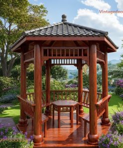 Chòi Gỗ Sân Vườn T10 - Lục Giác Cột Tròn Bệ Phình, Gỗ Thông