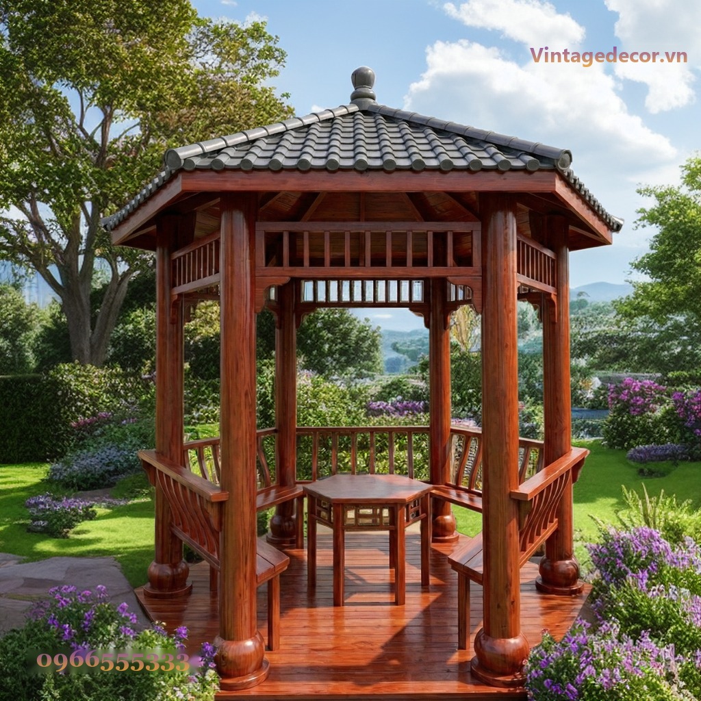 Chòi Gỗ Sân Vườn T10 - Lục Giác Cột Tròn Bệ Phình, Gỗ Thông Chòi Gỗ Sân Vườn T10 - Lục Giác Cột Tròn Bệ Phình, Gỗ Thông