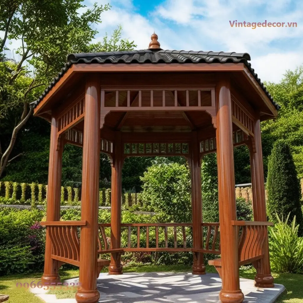 Chòi gỗ T17 nhìn thẳng, sáu cột tròn, diềm song dưới xà, lan can thanh cong, mái ngói xanh xám