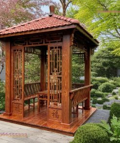 Chòi Gỗ Sân Vườn T20 - Vách Song Tiện Chạm Chữ Phúc, Gỗ Thông