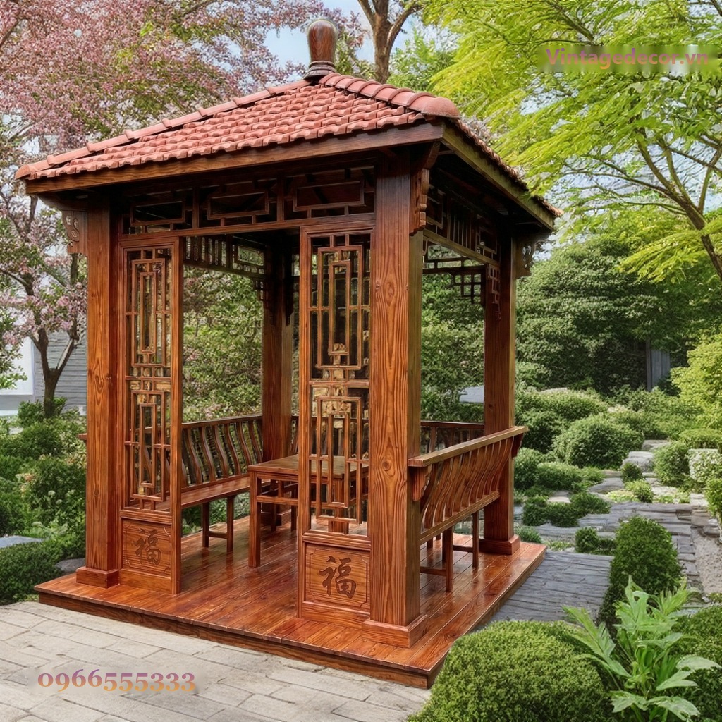 Chòi Gỗ Sân Vườn T20 - Vách Song Tiện Chạm Chữ Phúc, Gỗ Thông Chòi Gỗ Sân Vườn T20 - Vách Song Tiện Chạm Chữ Phúc, Gỗ Thông