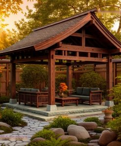 Chòi Gỗ Sân Vườn T27 - Khung Hở Viền Hoa Văn Sofa, Gỗ Thông
