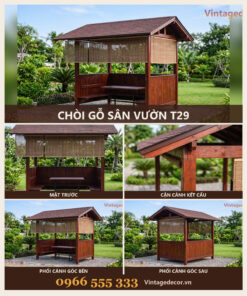 Chòi Gỗ Sân Vườn T29 - Vách Sau Ghế Băng Rèm Tre Cuốn, Gỗ Thông