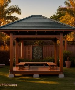 Chòi Gỗ Sân Vườn T30 - Sàn Nâng Bàn Ghế Picnic, Gỗ Thông