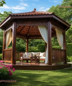 Chòi Gỗ Sân Vườn T31 - Lục Giác Rèm Voan Sofa Nệm, Gỗ Thông