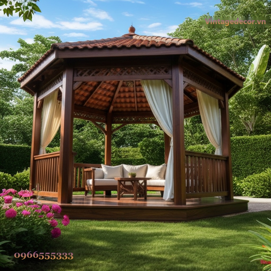 Chòi Gỗ Sân Vườn T31 - Lục Giác Rèm Voan Sofa Nệm, Gỗ Thông Chòi Gỗ Sân Vườn T31 - Lục Giác Rèm Voan Sofa Nệm, Gỗ Thông