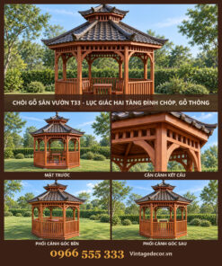 Chòi Gỗ Sân Vườn T33 - Lục Giác Hai Tầng Đỉnh Chóp, Gỗ Thông