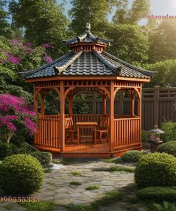 Chòi Gỗ Sân Vườn T33 - Lục Giác Hai Tầng Đỉnh Chóp, Gỗ Thông