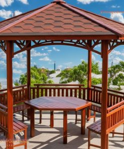Chòi Gỗ Sân Vườn T34 - Lục Giác Ghế Băng View Hồ, Gỗ Thông