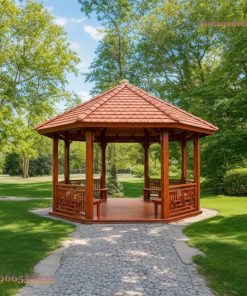 Chòi Gỗ Sân Vườn T35 - Lục Giác Lan Can Chạm Ô Vuông, Gỗ Thông