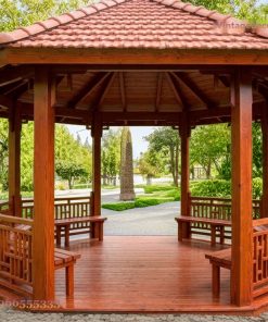 Chòi Gỗ Sân Vườn T35 - Lục Giác Lan Can Chạm Ô Vuông, Gỗ Thông