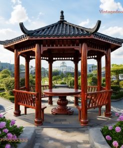 Chòi Gỗ Sân Vườn T36 - Đầu Đao Cong Bàn Tròn Chạm, Gỗ Thông