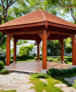 Chòi Gỗ Sân Vườn T38 - Cột Tròn Bệ Đá Chạm Hoa Văn, Gỗ Thông
