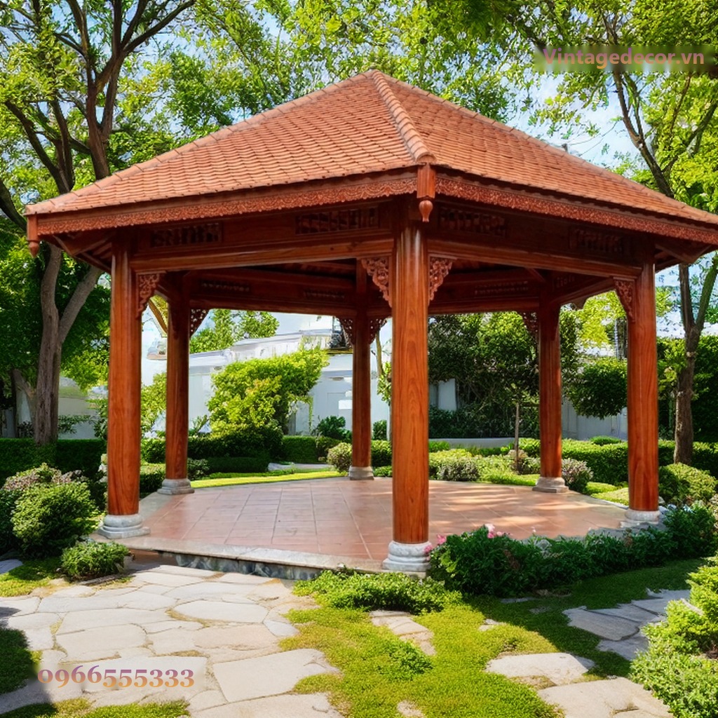 Chòi Gỗ Sân Vườn T38 - Cột Tròn Bệ Đá Chạm Hoa Văn, Gỗ Thông Chòi Gỗ Sân Vườn T38 - Cột Tròn Bệ Đá Chạm Hoa Văn, Gỗ Thông