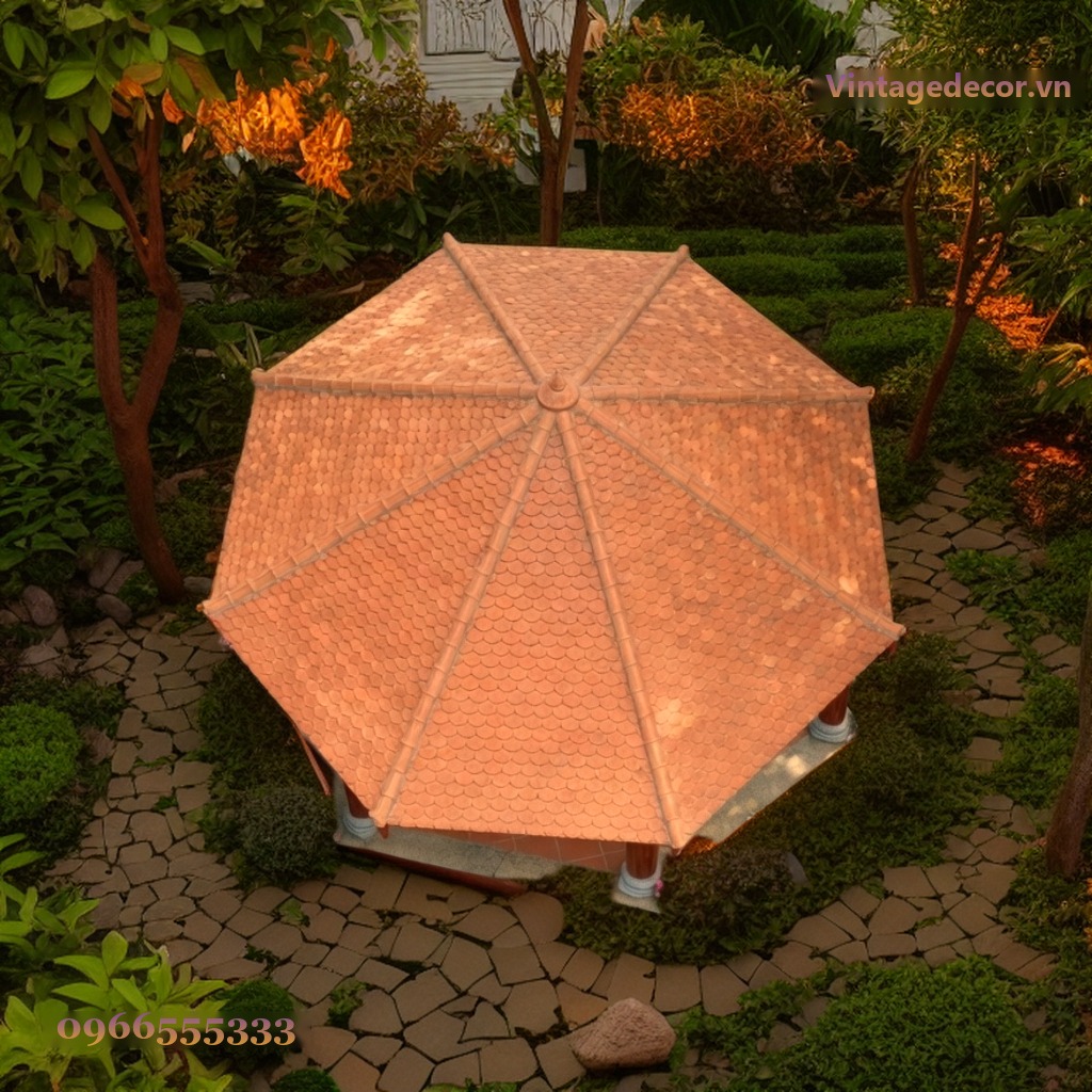 Chòi Gỗ Sân Vườn T38 - Cột Tròn Bệ Đá Chạm Hoa Văn, Gỗ Thông Chòi Gỗ Sân Vườn T38 - Cột Tròn Bệ Đá Chạm Hoa Văn, Gỗ Thông
