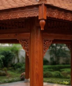 Chòi Gỗ Sân Vườn T38 - Cột Tròn Bệ Đá Chạm Hoa Văn, Gỗ Thông