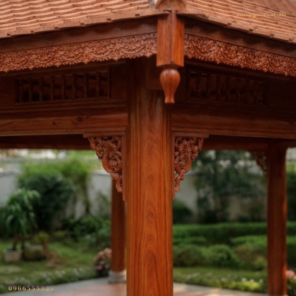 Chòi Gỗ Sân Vườn T38 - Cột Tròn Bệ Đá Chạm Hoa Văn, Gỗ Thông Chòi Gỗ Sân Vườn T38 - Cột Tròn Bệ Đá Chạm Hoa Văn, Gỗ Thông