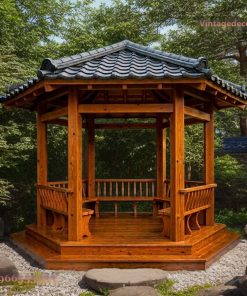 Chòi Gỗ Sân Vườn T42 - Lục Giác Ghế Tựa Cong Bệ Cao, Gỗ Thông