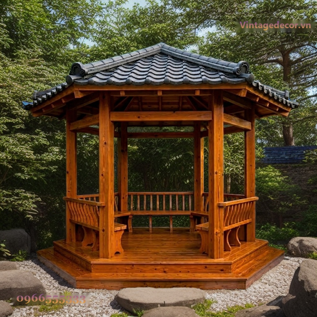 Chòi Gỗ Sân Vườn T42 - Lục Giác Ghế Tựa Cong Bệ Cao, Gỗ Thông Chòi Gỗ Sân Vườn T42 - Lục Giác Ghế Tựa Cong Bệ Cao, Gỗ Thông