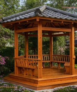 Chòi Gỗ Sân Vườn T42 - Lục Giác Ghế Tựa Cong Bệ Cao, Gỗ Thông