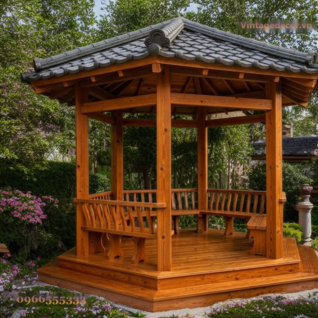 Chòi Gỗ Sân Vườn T42 - Lục Giác Ghế Tựa Cong Bệ Cao, Gỗ Thông Chòi Gỗ Sân Vườn T42 - Lục Giác Ghế Tựa Cong Bệ Cao, Gỗ Thông