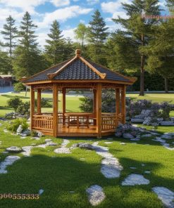 Chòi Gỗ Sân Vườn T45 - Lục Giác Chạm Lộng Vườn Đá, Gỗ Thông