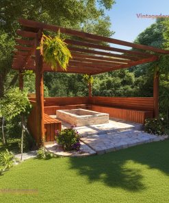 Chòi Gỗ Sân Vườn T49 - Mái Nan Hở Ghế Băng Bao Quanh, Gỗ Thông