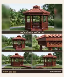 Chòi Gỗ Sân Vườn T50 - Lục Giác Vách Mắt Cáo Bàn Ghế Liền, Gỗ Thông