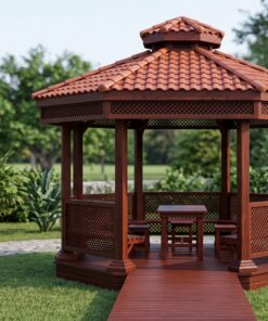 Chòi Gỗ Sân Vườn T50 - Lục Giác Vách Mắt Cáo Bàn Ghế Liền, Gỗ Thông